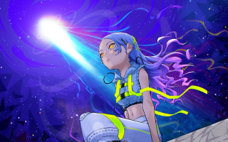 Blue hair girl astronaut cityscape - a ledge in front free wallpaper
