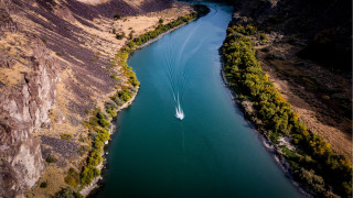 Mountain river boat tiltshift nature - river free wallpaper