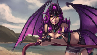 Demon girl purple wings beach - a cartoon of a woman free wallpaper