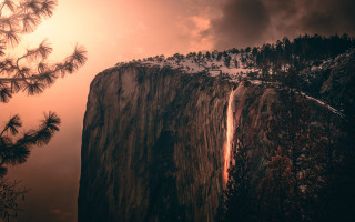Waterfall cliff sunset trees mountain - the cliff free wallpaper