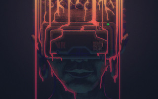 Futuristic man headpiece neon background - cyberpunk art free wallpaper