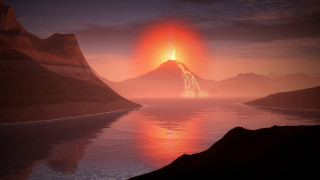 Volcano water lake sunset mountains - a. hardy free wallpaper