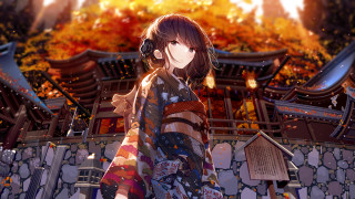 Kimono fireplace autumn leaves anime - a roof free wallpaper