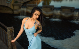 Woman blue dress river bridge - near free wallpaper
