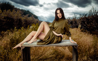 Woman bench field cloudy sky - cloudy free wallpaper