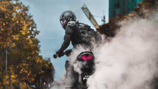 Motorcycle rider smoke helmet fireworks - action scene free wallpaper