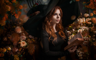 Woman black dress holding book - flowery free wallpaper