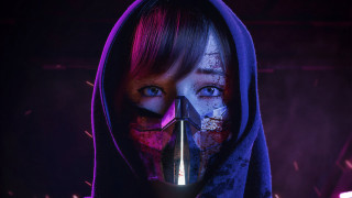 Woman makeup hoodie gun purple - ultra realistic digital art free wallpaper