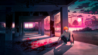 Blood splattered man sitting cityscape - a floor free wallpaper