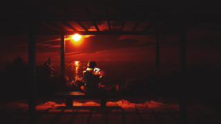 Night bench red sky ember - atey ghailan free wallpaper