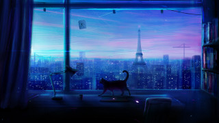 Cat window city night alena - alena aenami free wallpaper
