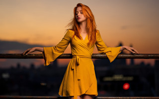 Redhead woman standing railings arms - red hair free wallpaper