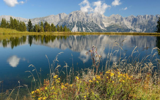 Lake mountains grass sky clouds 3 - mountain and grass free wallpaper