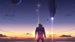 Sunset spaceship planet astronaut clouds - a distant planet in the distance free wallpaper