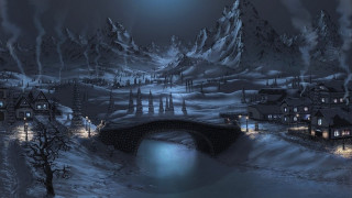 Snowy landscape bridge houses night 3 - a painting of a snowy landscape free wallpaper