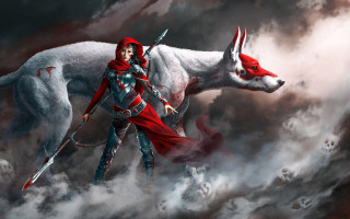 Woman red cape white wolf - a red cape free wallpaper