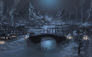 Snowy town bridge river night - dan mumford free wallpaper