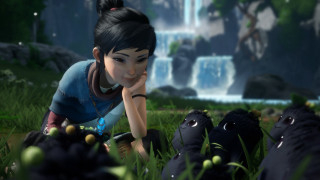 Girl waterfall black cows portrait - the ground in front free wallpaper