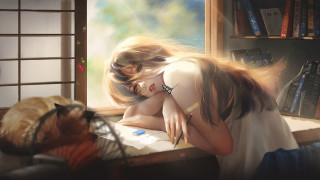 Woman window sill cat indoor - nearby free wallpaper