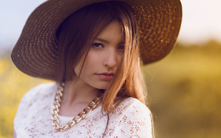 Woman hat white shirt flower - her neck free wallpaper for desktop