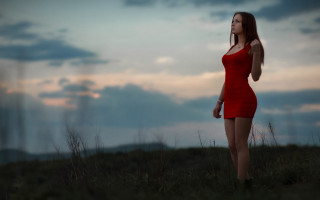 Woman red dress field sunset - artur tarnowski free wallpaper