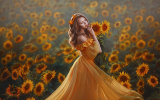 Woman yellow dress sunflowers fireworks - a field of sunflowers free wallpaper
