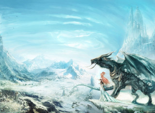 Woman dragon snowy landscape mountains - dragon art free wallpaper