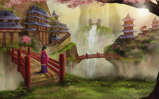 Purple dress woman bridge waterfall - a waterfall in the background free wallpaper