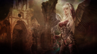 White haired angel castle wings - a castle free wallpaper