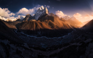 Mountain range river clouds sunset - a sunbeam free wallpaper