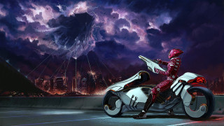 Motorcycle city night lightning storm - cyberpunk art free wallpaper