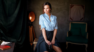 Woman blue shirt black skirt - black skirt free wallpaper