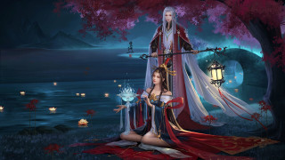 Fantasy woman forest sitting lantern - a costume free wallpaper