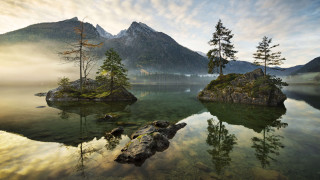 Romantic lake mountain fog trees - derold page free wallpaper