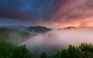 River trees sunset mist magic - sky in the background free wallpaper