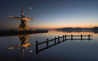 Windmill lake dock fence sunset - a windmill free wallpaper
