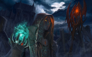 Woman glowing green ball castle - full free wallpaper for desktop