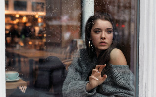 Woman window cafe coffee night - outside free wallpaper