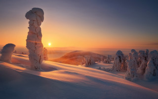 Sunset snowy mountain trees volumetric - a sunset over a snowy mountain free wallpaper