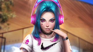 Blue hair headphones pink white - headphone free wallpaper