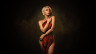 Red dress portrait figurative photorealistic - her arm free wallpaper