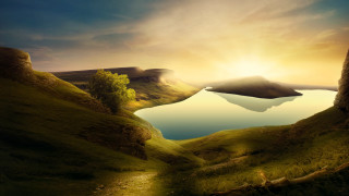 Lake mountains trees sunset island - a small island in the middle of the water free wallpaper