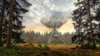 Radio dish forest sky sunset - sci fi free wallpaper