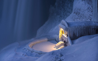 Snowy house night waterfall mountain - a small house free wallpaper