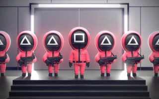 Pink toy figures black guns - a red suit free wallpaper