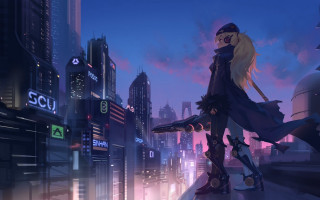 Futuristic city night woman sword - cyberpunk art free wallpaper