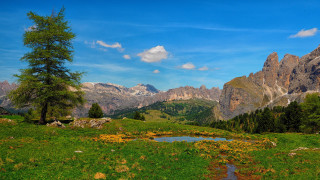 Mountain range pond trees sky - panoramic view free wallpaper