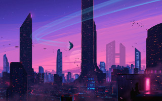 City skyline bird night purple - anton fadeev free wallpaper