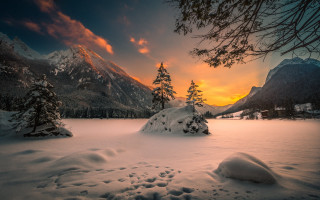 Snowy mountains sunset landscape derold - beautiful landscape free wallpaper