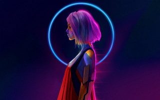 Woman red cape neon circle 2 - synthwave style free wallpaper